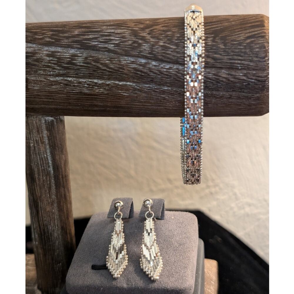 925 Milor Italy Sterling Silver Chevron Dangle Earrings & Matching Bracelet